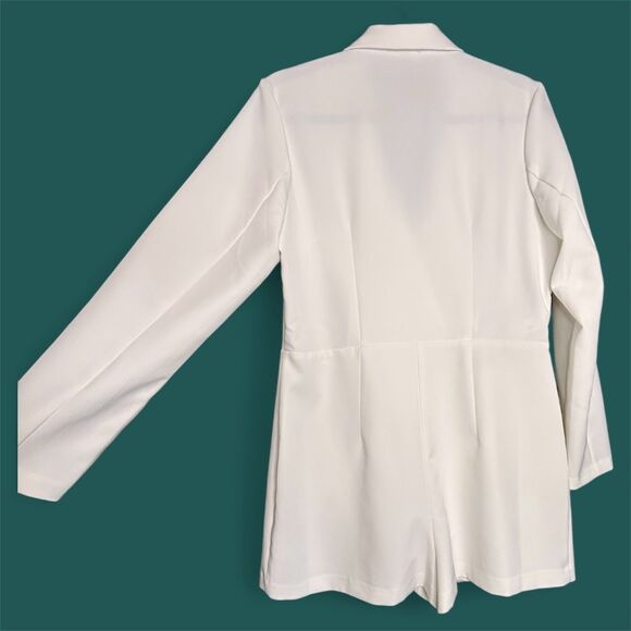 Express Women's Tailored Ivory Double-Breasted Tuxedo Blazer NYE Jumpsuit - Picture 3 of 12